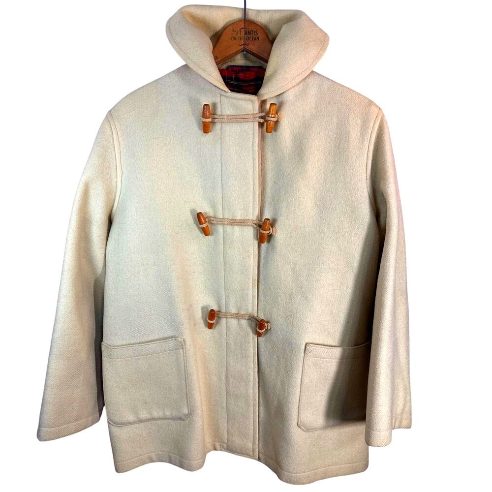 Womens Beige Jacket Rope Wood Closures Flip Plaid Cuffs Neck XL 22x28 Vintage